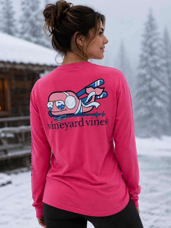 Vineyard Vines Tops - Vineyard Vines Long Sleeve Snow Bunny Whale Pocket Tee Pink Shirt Women's Small